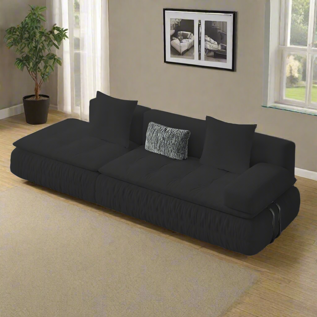 image Black sofa bed in a living room setting with a plant and framed picture on the wall.